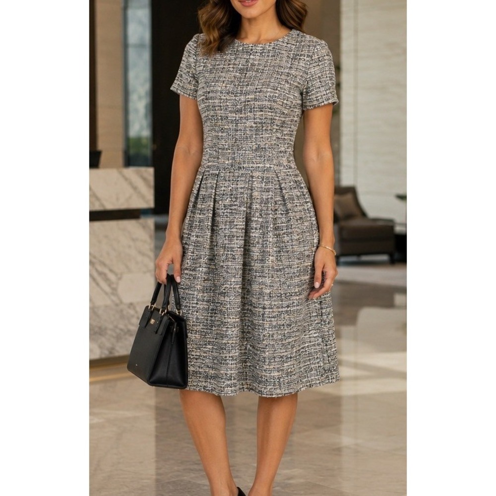 Tweed Fit & Flare Dress Black Ivory metallic gold threading Women Med Love Ady